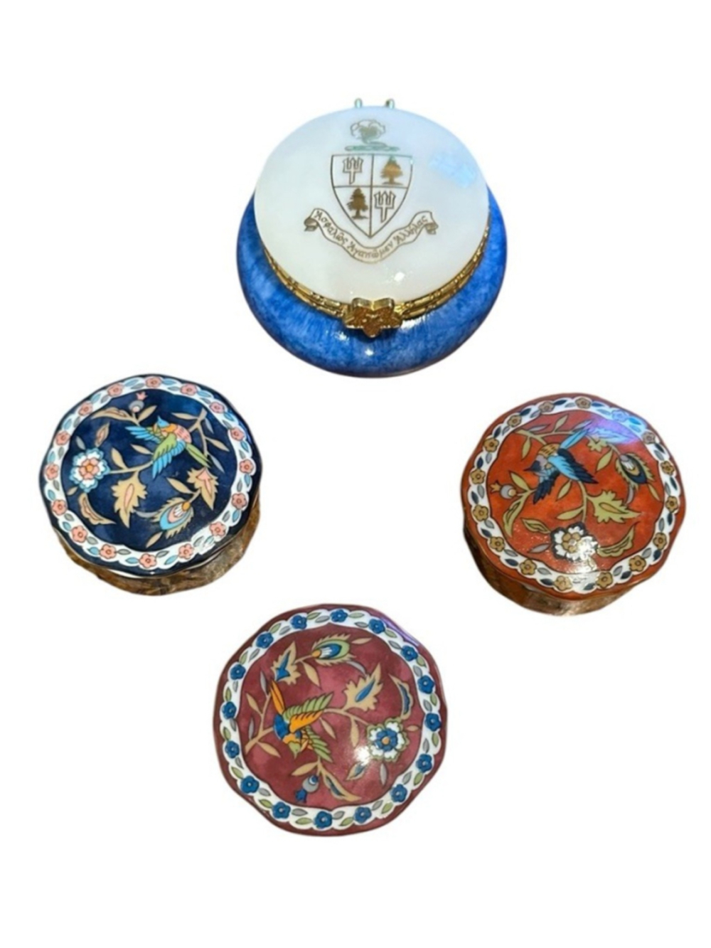 Vintage Porcelain Trinket Box Lot Tri Delta Sorority Crest Bird Floral Dres